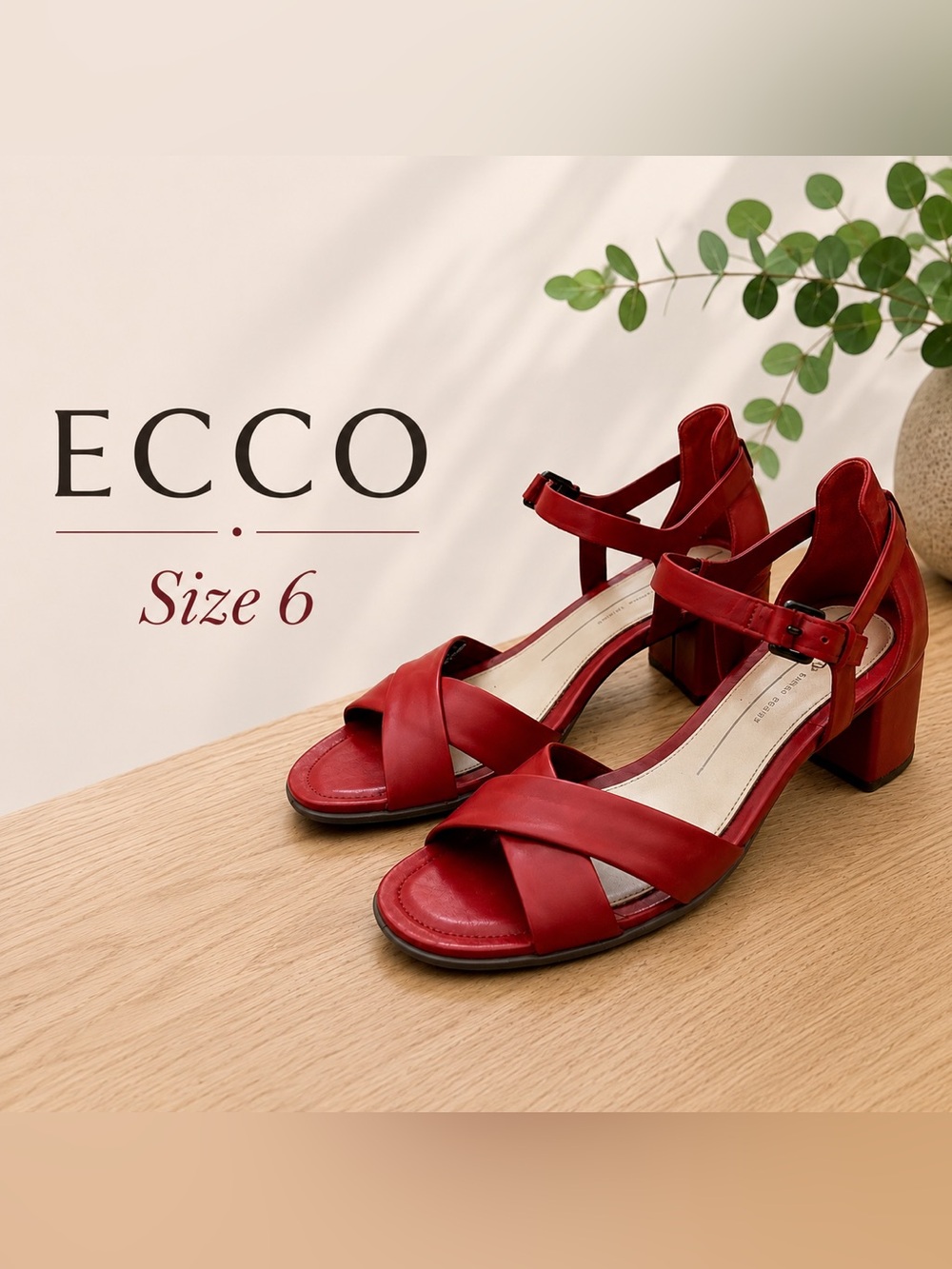 ECCO Red Leather Block Heel Sandals Size 6 Comfort Ankle Strap feminine